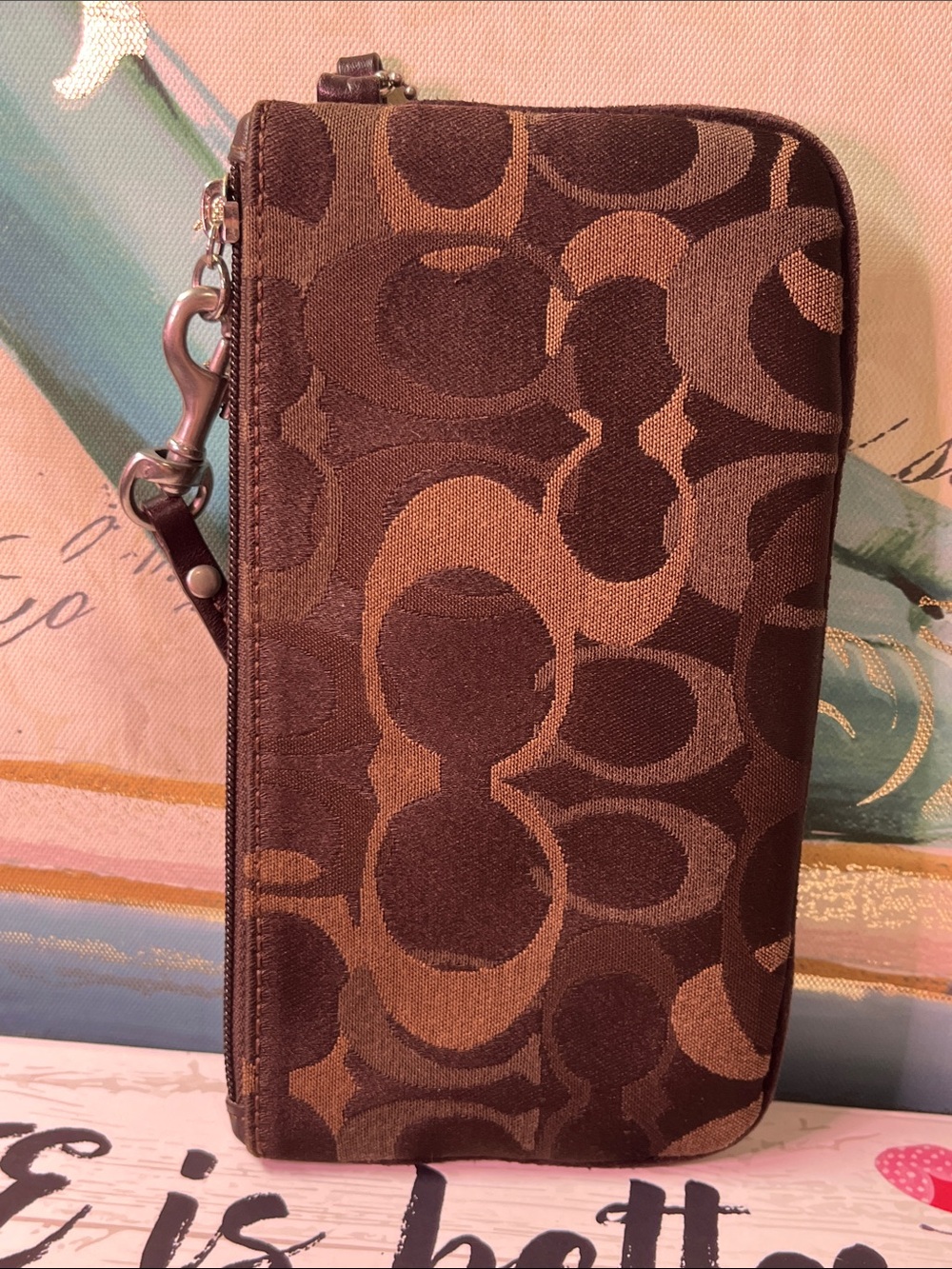 Coach Brown Signature Monogram Wristlet with Leather Strap - Picture 3 of 13